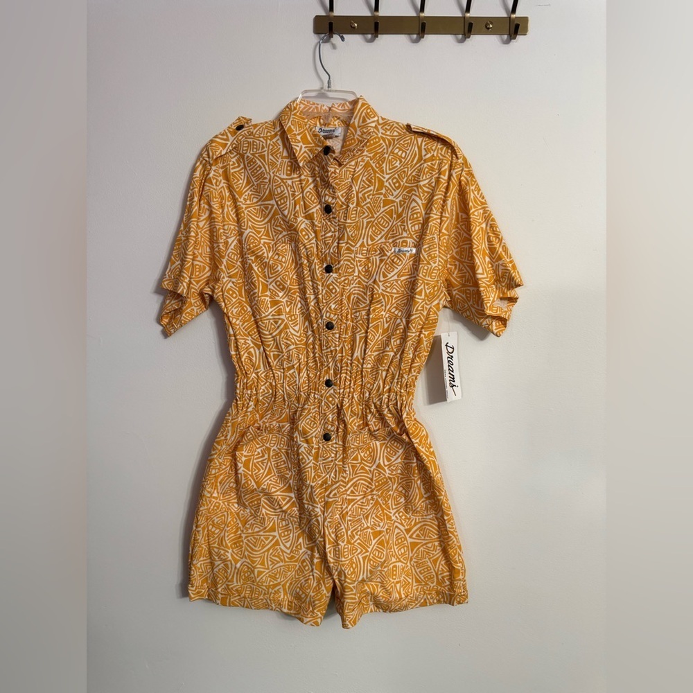NWT Dreams Vintage 80s Cotton Romper Yellow Abstract Print Size Large L
